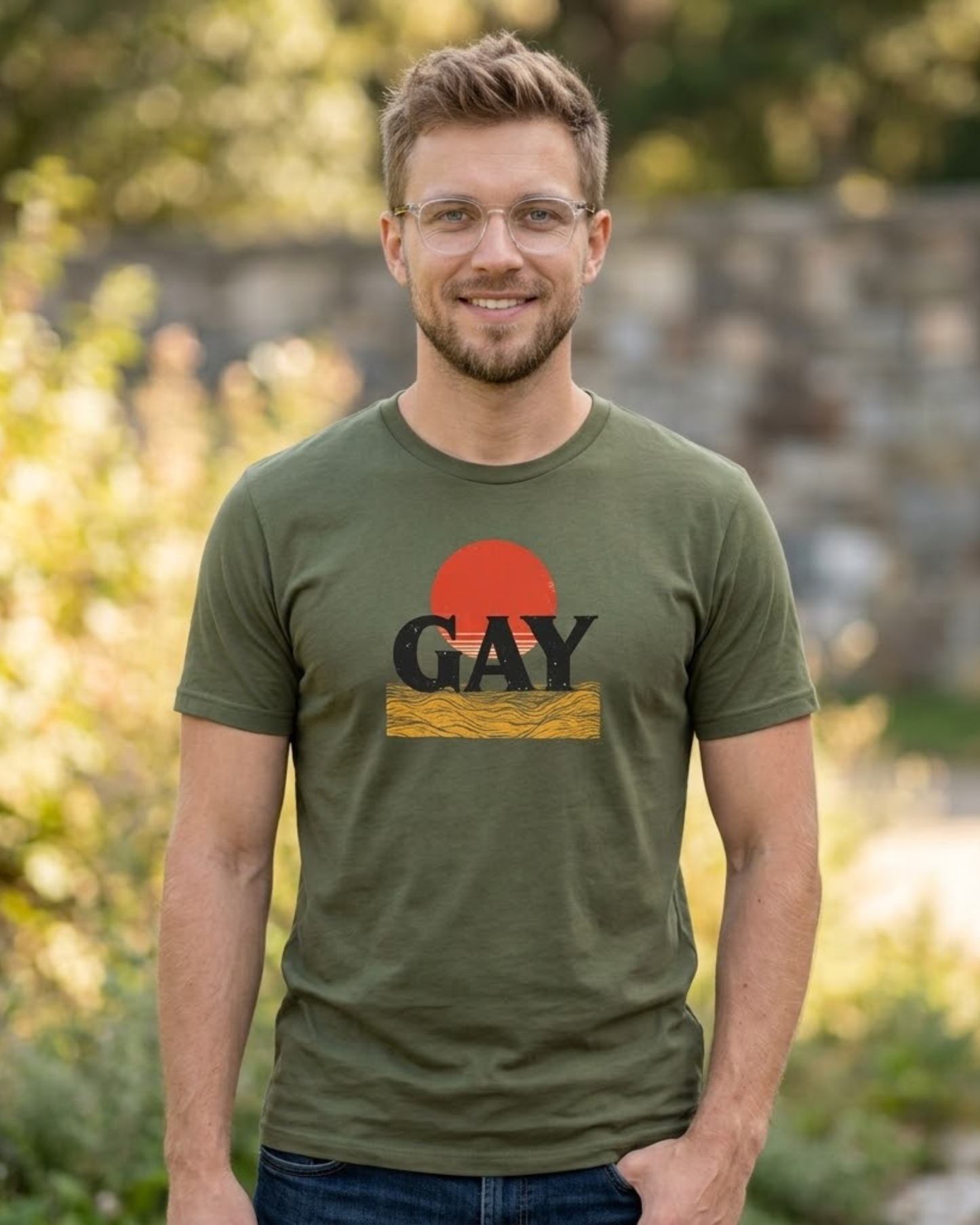 GAY Retro Sunset Tee | Vintage Outdoor-Style LGBTQ+ Graphic T-Shirt